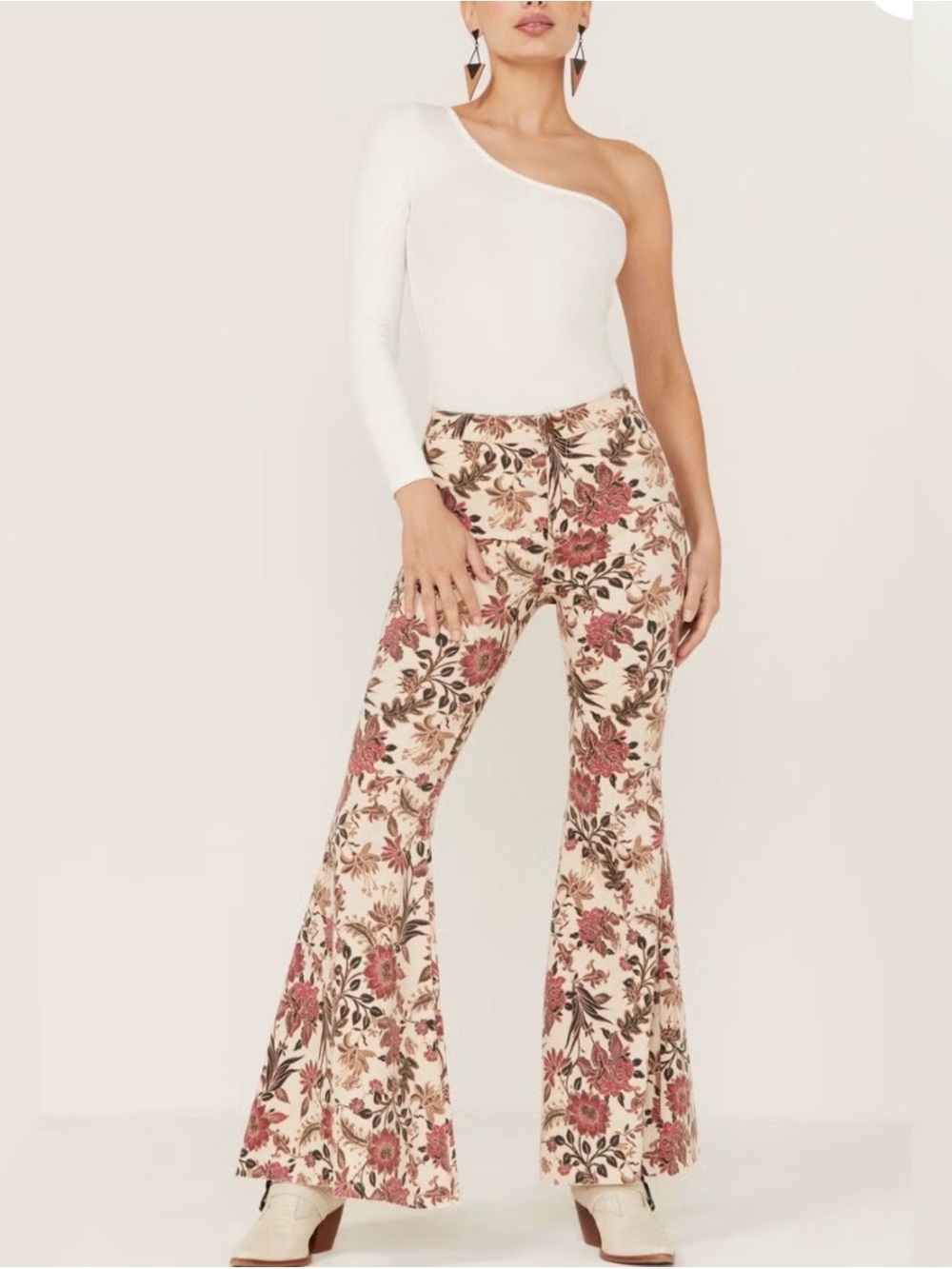 Free People Floral Barcelona Float On Super Flare Cream Pink Jeans